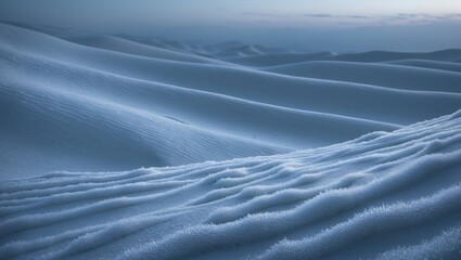 Obraz premium Snowy frost coating a sloping meadow illuminated by soft sidelight. Filigree ice patterns gleam at dusk. Monochrome undulating winter view.