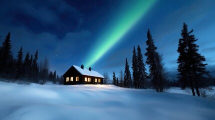 Naklejka premium A cozy wooden cabin stands in a vast snowy field, illuminated by warm light as the northern lights dance across the night sky, creating a magical atmosphere