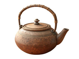 Rustic brown clay teapot bamboo handle.