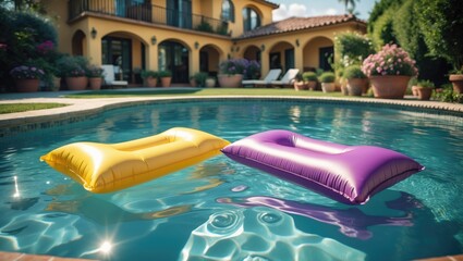 Two inflatable cushions, one yellow and one purple, float on the water's surface in the pool. Poolside accessories.