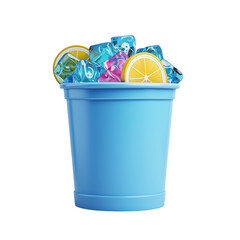 Light blue container filled with ice cubes and lemon slices on a white surface on transparent background