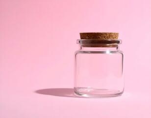 Empty glass jar with cork stopper on pink background. Minimalist product photography.