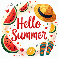 “Hello Summer Illustration with Watermelon, Flip Flops, Straw Hat, and Citrus Fruits – Fun Tropical Design”

