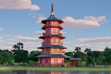 Pink pagoda by the lake scenery