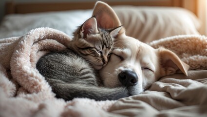 Sweet kitten resting under the ear of a puppy. Pets lie together under a soft blanket on a bed.