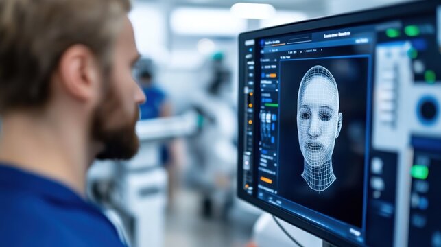 A technician focuses on a high-tech screen displaying a 3D wireframe model of a human face. The setup indicates advanced research in facial recognition within a laboratory