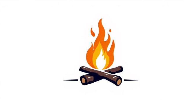 Camping bonfire burning cartoon animation. Camp fire flat color cartoon 4K video, alpha channel. Campfire campground. Burning wood. Flames sparks firewood pile animated item on white background