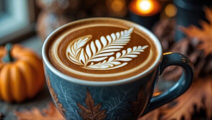 A stylish mug holding a pumpkin spice latte, embodying the warmth and coziness of fall season.