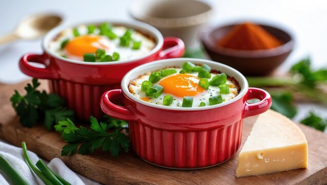 Baked eggs with cheese and green onion in a white background ceramic bowl. Perfect for a hearty breakfast.