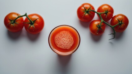 Top view of fresh vegetable juice and tomatoes in a white setting emphasizing organic nutrition