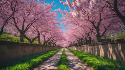 Pathway lined with blooming cherry blossoms along the old Wall.