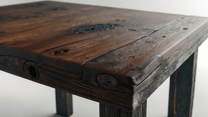 Dark weathered wooden table corner displayed on a plain background