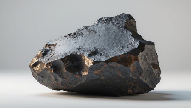 Raw iron meteorite fragment displayed against white background
