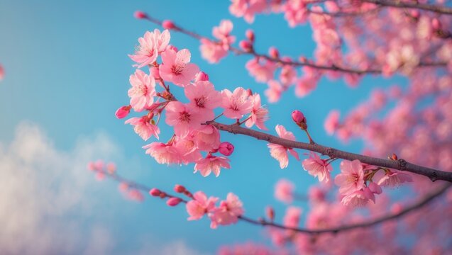 Pink flowers on the branch against a blue sky during blooming - Powered by Adobe