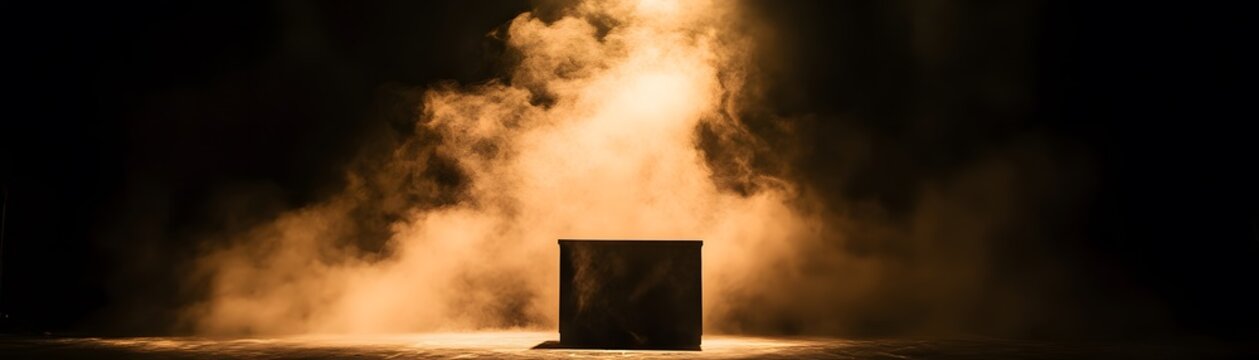 Dramatic spotlight on a cube shape in smoky stage lighting.