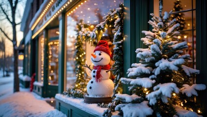 A cheerful winter toy and a tree draped in snow are showcased on a seasonal storefront
