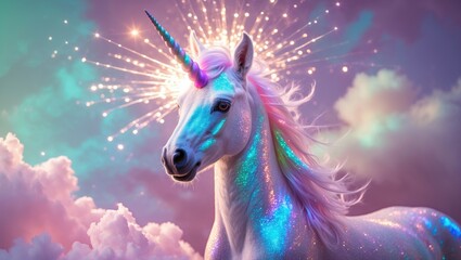 An abstract background featuring a holographic rainbow unicorn in pastel colors with optical crystal prism flare beams and light flares texture.