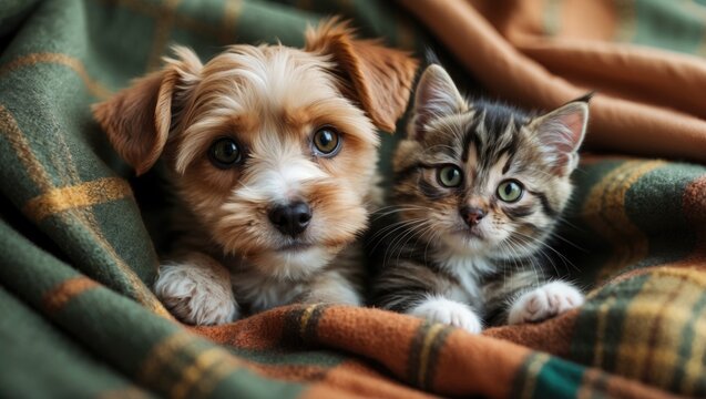 Under a warm plaid, a toy terrier puppy and kitten cuddle up.
