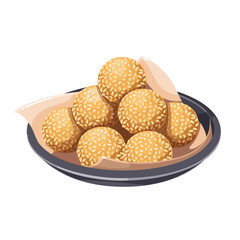 Crispy sesame rice balls with golden surface served on paper-lined plate. Traditional Asian dessert snack. Cartoon vector illustration for menu, packaging, or food decoration design.