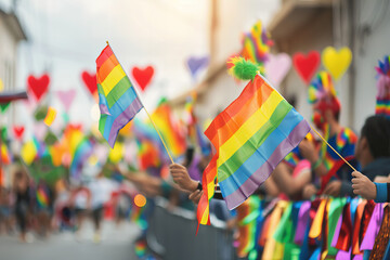 Celebration of diversity at a lively parade with vibrant flags and colorful decorations in a festive urban setting