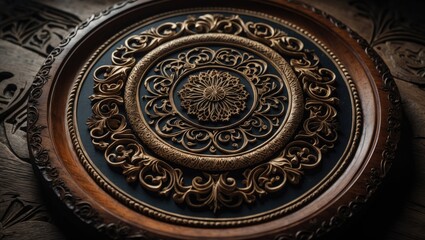 Obraz premium Handmade carved wood plate featuring traditional Arabic floral patterns