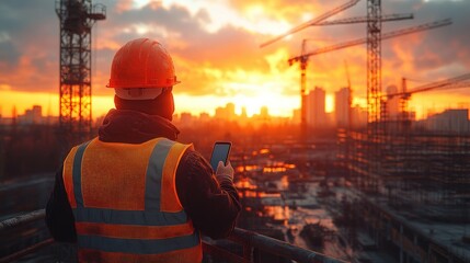 Construction worker checks phone at sunset