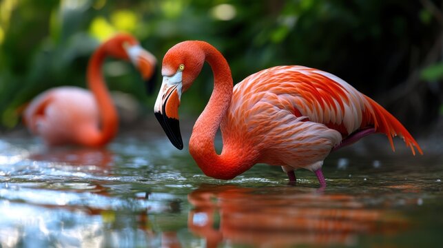 Two vibrant flamingos are wading in shallow water surrounded by greenery. The bright pink birds display their elegant posture amidst a lush tropical environment
