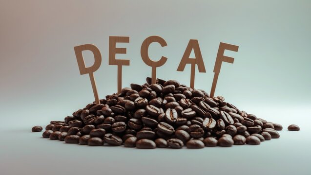 A plate featuring decaf coffee beans, adorned with 'decaf' in gold text, placed on a wooden surface with studio lighting