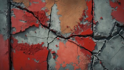 A detailed perspective of a worn, rustic concrete surface featuring deep hues of red, brown, and grey, showcasing cracks and textures that reflect an aged, vintage feel.