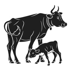 Black baby cow calf with field vector art silhouette