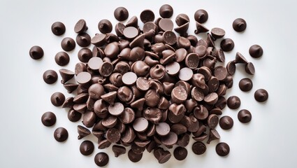 Obraz premium Isolated chocolate chips in a heap viewed from the top against a plain background