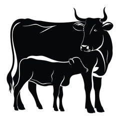 A black-colored cow and her calf vector art silhouette