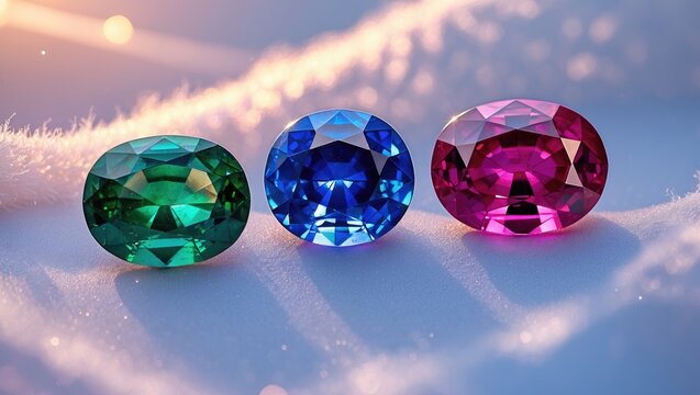 Blue Sapphire, Green Emerald, and Red Ruby Gemstones Jewelry Set Against a White Background