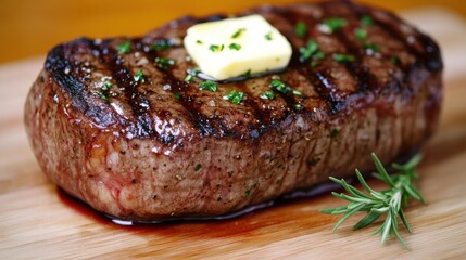 A succulent grilled steak sits on a wooden surface, topped with a pat of melting butter and sprinkled with fresh herbs, exuding a mouthwatering aroma in a warm kitchen ambiance
