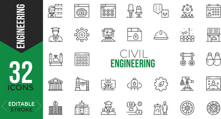 Civil Engineering Outline Icons Set – Linear Style Vector with Editable Stroke


