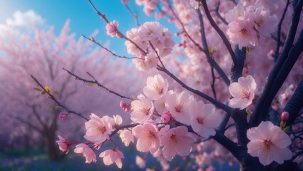 A dreamy sight of blossoming trees unfolds in spring, with lovely pink flowers embellishing the branches.