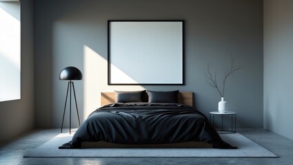 Minimalist bedroom featuring a black bed, gray walls, and an empty frame.