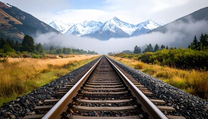 Fototapeta premium Lonely Train Tracks Through Foggy Field Leading to Snow Capped Mountains.