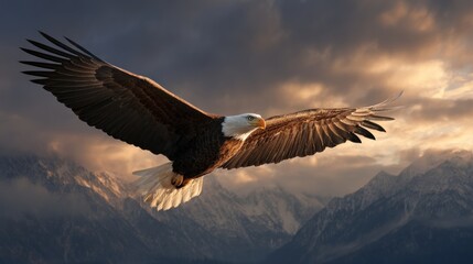 Majestic Bald Eagle Soaring Above Snowy Mountains at Sunset