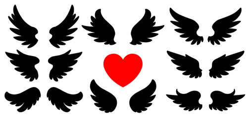 Set of angel wings with hearts. vector black wing silhouette 