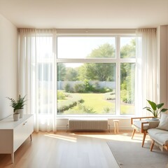 Minimalist Living Room with Sheer White Curtains and Lush Greenery Framing a Sunny Garden View
