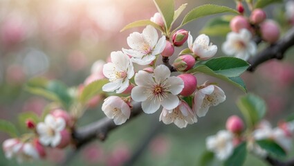 Obraz premium Apple tree flowers in full bloom, close-up of white and pink petals. Fresh buds with green foliage. Nature photography of a flowering branch. Blossoms in the orchard.