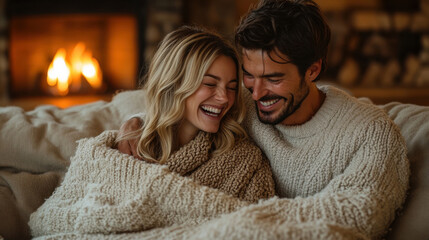 A young couple sits close together on a comfortable couch, smiling joyfully as they share a cozy moment by the warm glow of a fireplace, surrounded by a welcoming home atmosphere