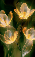 Abstract Glowing Flowers on Dark Green Background, Elegant Floral Design, Modern Art