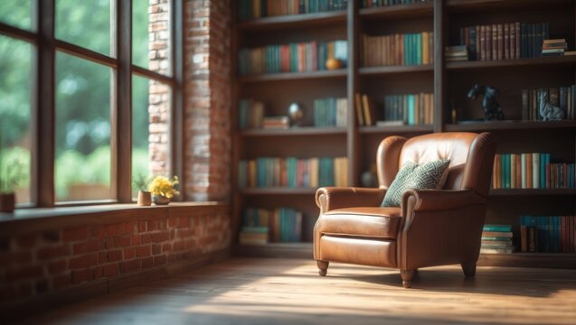 Hazy view of a warm reading nook displaying a leather chair and bookshelves brimming with books. Natural light enhances the comforting feel, perfect for an enjoyable reading experience.