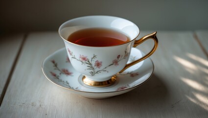 White porcelain tea cup with tea on a background
