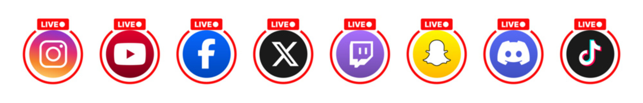 Live banner with Instagram YouTube Telegram Twitter TikTok Discord Twitch logos and live stream button. Social media UI for online streaming interface. Vector illustration on transparent background.