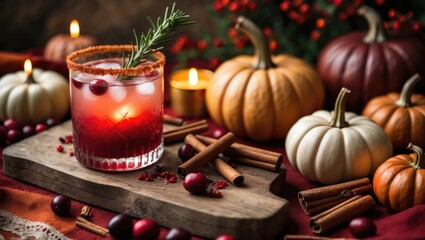 Naklejka premium Rustic holiday table featuring an autumn spiced cocktail with wine. Seasonal homemade drink infused with cinnamon and rosemary. Decorative pumpkins and candles in fabric.