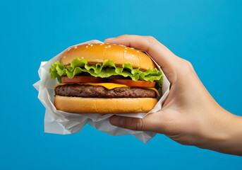 Satisfying Simplicity—Plain Wrapped Burger Poised in Hand on a Vibrant Blue Scene
