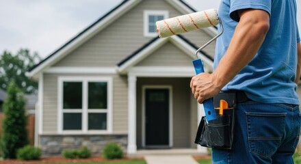 Man with paint roller stands in front of a house exterior renovation.